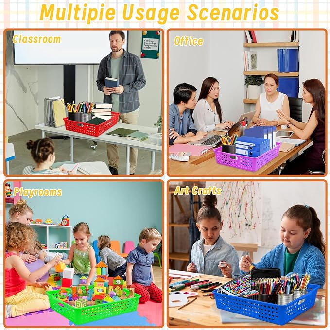 12 Pcs Plastic Classroom Storage Baskets Bulk 14 x 10 In Turn in Paper Tray for Classroom A4 Size Colorful Storage Organizer Bin with Handles Stackable Container for Playroom Home Office School Supply - Image 7