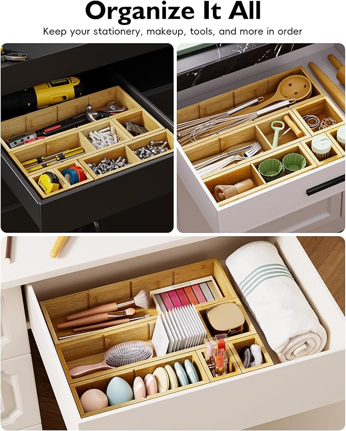 Bamboo Drawer Organizer Set, 6 PCS Trays with 12 Compartments | Natural Bamboo, Flexible Modular Trays, Water-Resistant, Stackable Design, Adjustable, Excellent Organization, Easy to Clean - Image 7