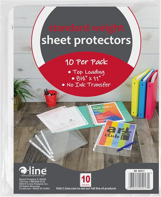 C-Line Top Loading Standard Weight Poly Sheet Protectors, Clear, 8.5 x 11 Inch Sheets, 10-Pack (05017) by C-Line