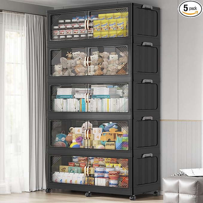 BROVIEW V60 1100QT Plastic Stackable Storage Bins with Lid, 5Pack Black | 275Gal Extra Large Closet Organizers Collapsible Cabinets Boxes With Drawer, Foldable Container with 6x Wheels for Home by BROVIEW-EnjoytheArtofLife