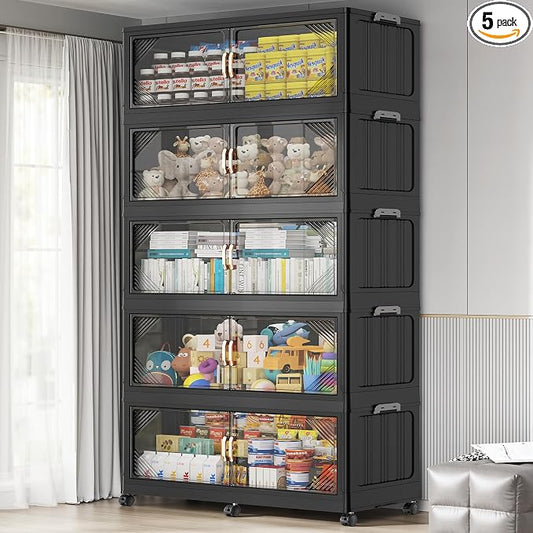 BROVIEW V60 1100QT Plastic Stackable Storage Bins with Lid, 5Pack Black | 275Gal Extra Large Closet Organizers Collapsible Cabinets Boxes With Drawer, Foldable Container with 6x Wheels for Home by BROVIEW-EnjoytheArtofLife