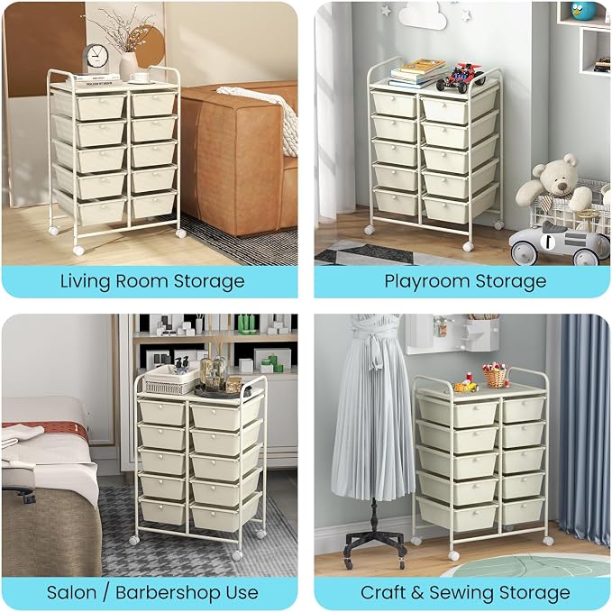Giantex 10 Drawers Rolling Cart, Classroom Organizers, Storage Cart with Wheels, for Teacher Office Home School Supplies Tool Craft Art Paper, Ivory Color - Image 8