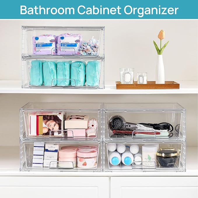 Vtopmart 3 Pack Large Clear Stackable Storage Drawers for Closet, Pantry | Easily Assemble Bathroom Closet Undersink Organizers,Plastic Bins for Cabinet,Kitchen Pantry,Medicine Organization - Image 6