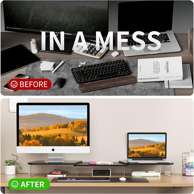 AFOOYO LED Dual Monitor Stand Riser for 2 Monitors,Office Desktop Wooden Stand Adjustable Length and Angle 3 Shelf,Extra Long Multifunctional Stand up to 39.3" for Computer,Laptop,TV,Black - Image 5