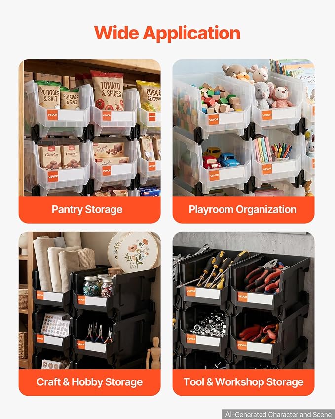 VEVOR Plastic Stackable Storage Bins, 14.8 x 8.5 x 7.1 inch (12 Pack), Plastic Containers for Organizing & Storage Bins for Garage, Small Parts, Office Supplies, Other Accessories, Black & Transparent - Image 3