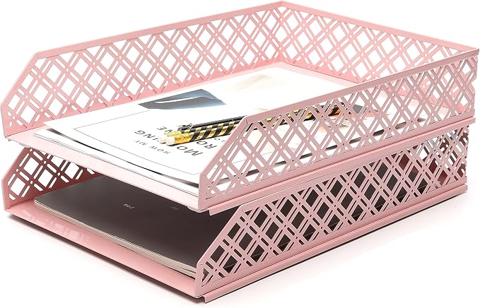 Exerz Letter Trays 2pcs Stackable Paper Sorter/Desk Organiser/File Tray for Desk - Wire Mesh Metal File Rack - Office, School, Home Study (Light Pink) by Exerz