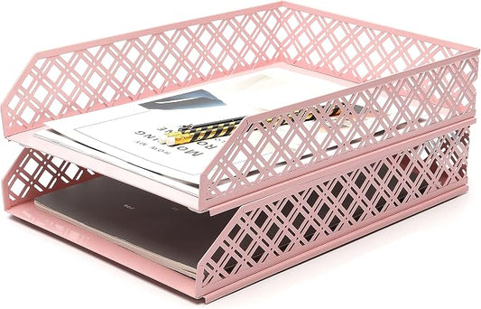 Exerz Letter Trays 2pcs Stackable Paper Sorter/Desk Organiser/File Tray for Desk - Wire Mesh Metal File Rack - Office, School, Home Study (Light Pink) by Exerz