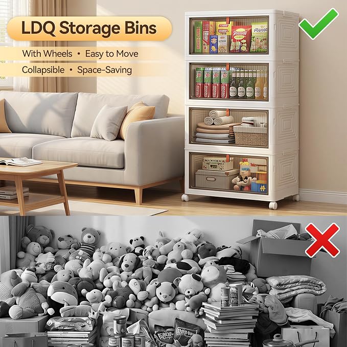 LDQ 136Qt Large Storage Bins with Lids, 4 Tier Stackable Storage Cabinet with Wheels & Clear Doors, Foldable Plastic Closet Organizer for Bedroom, Bathroom & Kitchen - Image 3