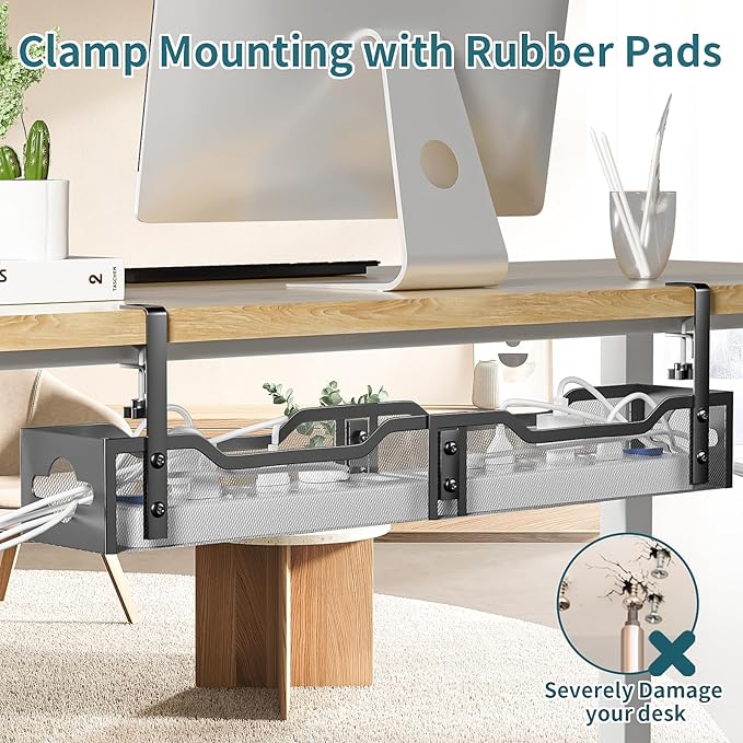 Under Desk Cable Management Tray Black, Litwaro Cable Management Under Desk No Drill, 25'' Cable Tray with Clamp for Wire Management, Cord Organizer for Office, Home - No Damage to Table - Image 5