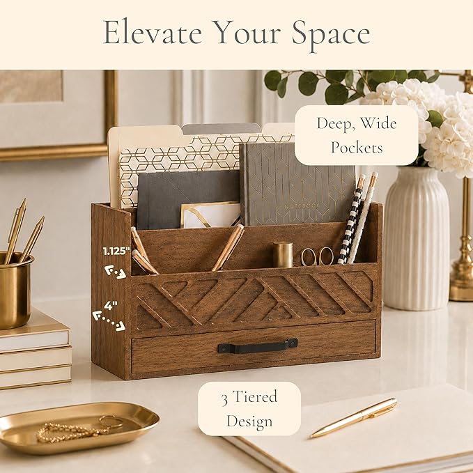 BLU MONACO | Wooden Mail Organizer with Drawer and Compartments | Mail Sorter Organizer Countertop for Desk Entryway | Outgoing Mail Holder Wood Desktop File Storage - Image 2