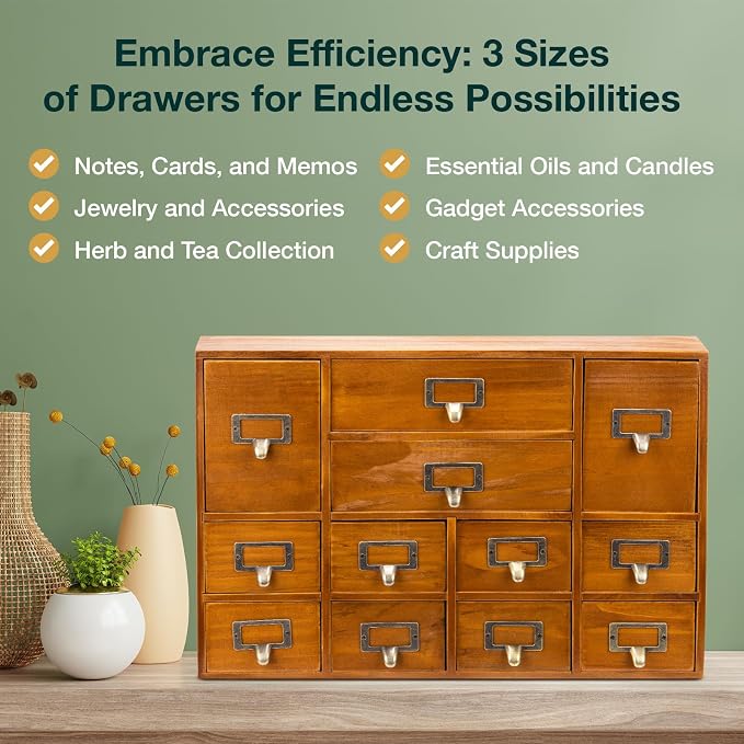12-Drawer Apothecary Cabinet - Index Card Organizer - Vintage Chest of Drawers - Mahogany Wooden Organizer - Office Desktop Drawer Organizer for Herb Storage, Apothecary Diaries, Tea Collection - Image 5