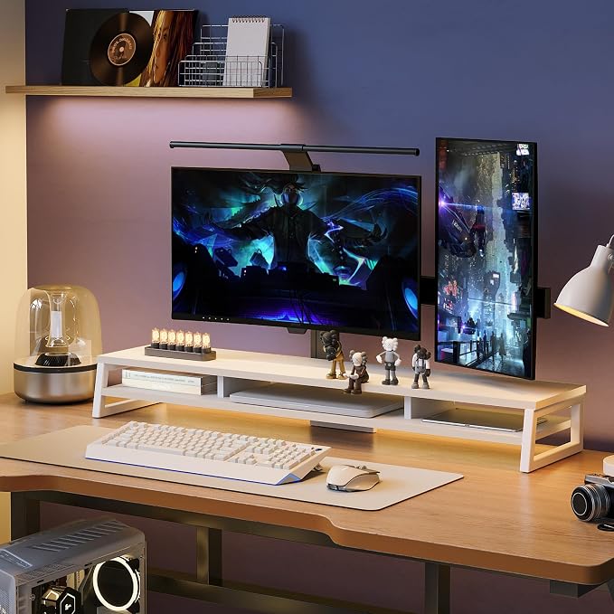 Fenge Dual Monitor Riser for Desk, Open Shelf with 3 Storage Compartments | 42.5in Computer Monitor Stand, 2-Tier Desk Shelf for Top of Desk,One-Piece Panel, fit Ultrawide Monitor, PC, Laptop, White - Image 7