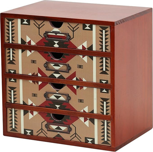 Boho Navajo Wooden Desk Organizer with Drawers – 4-Drawer Desktop Storage Box – Rustic Tribal Wood Desk Organizer for Office, Vanity, or Craft Supplies – Compact & Stylish Wooden Storage Drawers by PrimoSupply