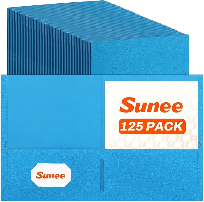 SUNEE Folders with Pockets(125 Pack, Blue), 2 Pocket Folders Fit Letter Size Paper, Paper File Folder for School Office Home Business by SUNEE