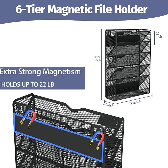 6-Tier Magnetic File Holder, Large Capacity File Cabinet Organizer, No-Drill Mount Hanging Magnetic Paper Holder for File Cabinets, Office, Whiteboard, Magnetic Mail Holder - Image 2