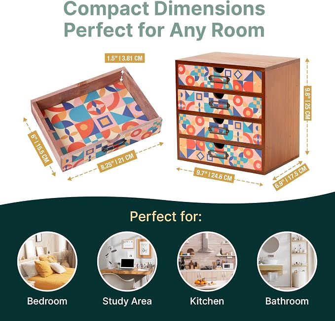 Add Color To Your Desk - MCM Geometric Wooden Desk Organizer - Desktop Storage with 4-Drawer - Wood Cabinet for Office Supplies, Craft Tools, & Home, Countertop, Tabletop Organization - Image 2