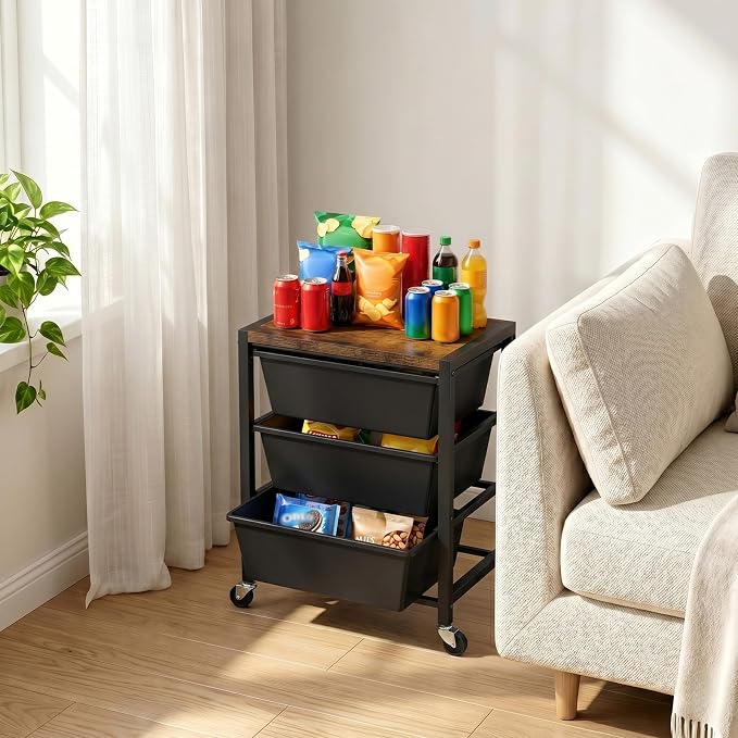 Rolling Cart with 3 Drawers, Plastic Drawer Storage Carts with Lockable Wheels & Wooden Tabletop, Metal Art Craft Utility Cart Organizer for Home Office Bedroom Dorm Bedside Classroom, Dark Black - Image 7