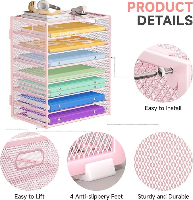 Paper Organizer with Handle Metal Mesh File Sorter Large Capacity Desk Organizers Paper Letter Tray Desktop Document Sorter for Office or Home2 Pack 8 Tier Pink Storage for Desk - Image 3