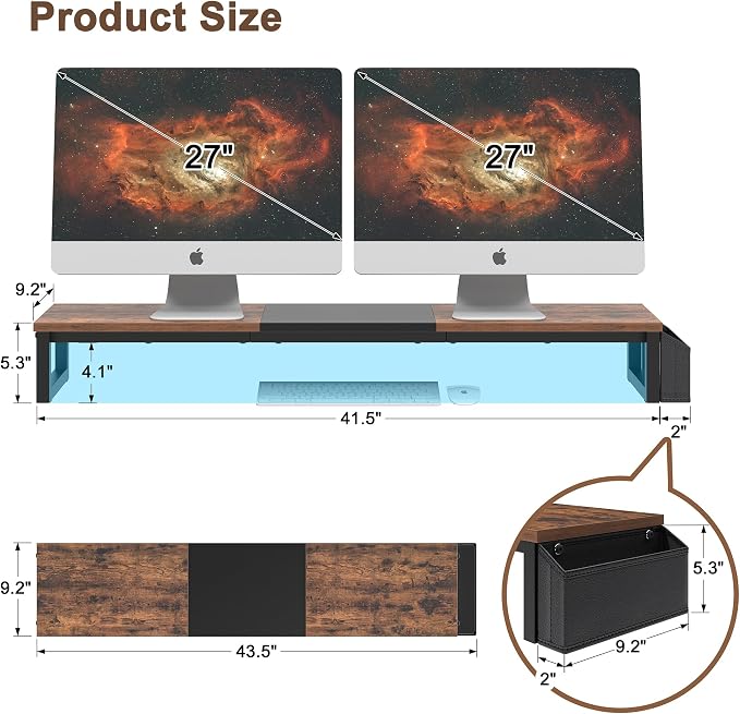 LAND·VOI Dual Monitor Stand Riser,41.5'' Long Monitor Stand for 2 Monitors, Wood Computer Riser with Pocket, Desktop Oraganizer with Pen Holder, Monitor Riser for Desk Computer,Laptop,TV, Rustic Brown - Image 6