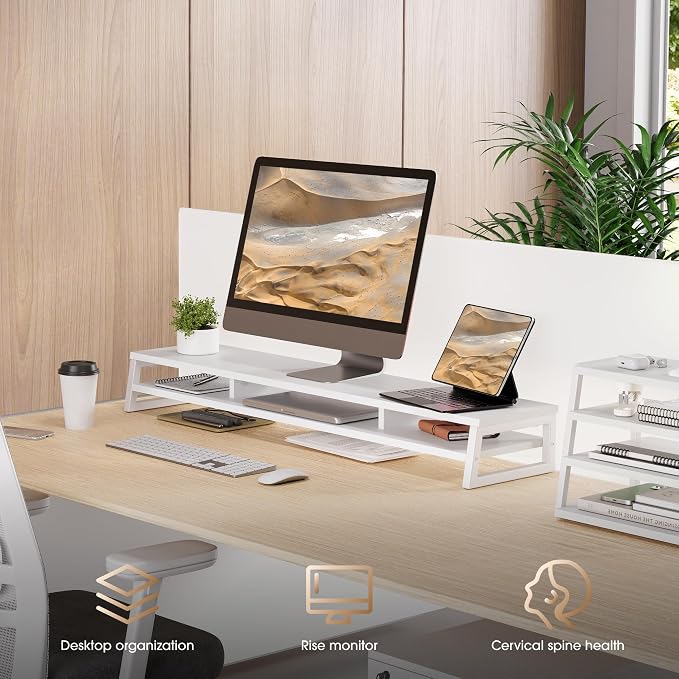 Fenge Dual Monitor Riser for Desk, Open Shelf with 3 Storage Compartments | 42.5in Computer Monitor Stand, 2-Tier Desk Shelf for Top of Desk,One-Piece Panel, fit Ultrawide Monitor, PC, Laptop, White - Image 8