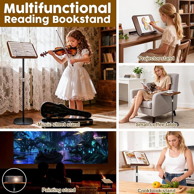 2 in 1 Dual-use Music Stand & Desktop Book Stand, Adjustable Height 16.5"-51", 100% Solid Wood Laptop Floor Stand Book Holder with Elastic Page Clips for Cookbooks (Black Walnut) - Image 5