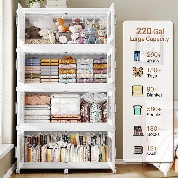 BROVIEW 880 Qt Extra Large Stackable Storage Bin with Lids, 4 Pack White | 220Gal Extra Large, Collapsible Storage Boxes with 4 Lids, Folding& Rolling Plastic Drawer, Heavy-Duty Cabinet Organization - Image 7