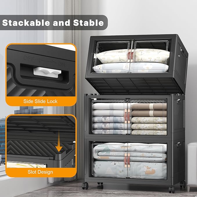 504QT Lockable Plastic Storage Bins, 3 Pack Collapsible Cabinets | Stackable Organizer with Doors & Wheels, Foldable Containers for Bedroom, Dorm, Office & Garage Storage - Image 3