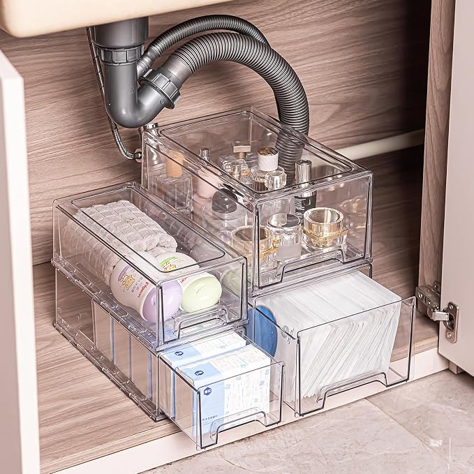 2 Pack Stackable Organizer Drawers, Clear Desk Storage Box,Transparent Drawer in Home, Office and Kitchen Pull Out Organizer Bins for Make Up, Pen, Desktop Stationary (2Extra Large) - Image 4