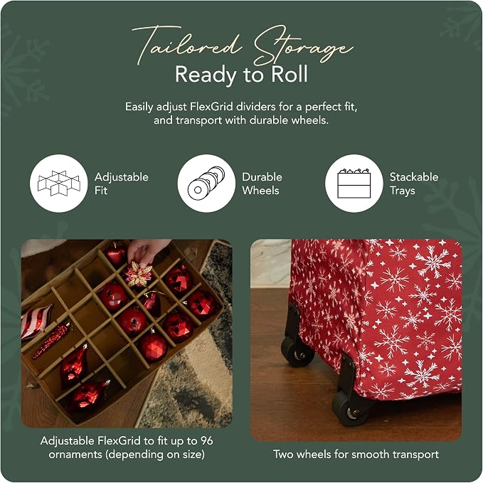 Covermates Keepsakes Rolling Adjustable Ornament Storage Bag – Heavy-Duty Polyester, FlexGrid Trays & Padded Dividers – Protective Holiday Organizer with Wheels, Handles & ID Window, Red Snowflake - Image 5