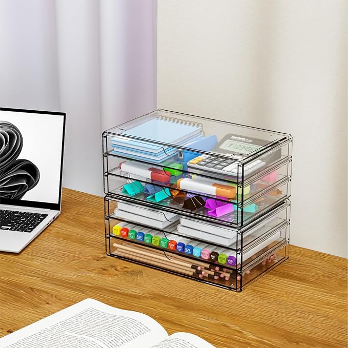 2 Pack Acrylic Storage Drawers With 6 Drawers,Stackable Desk Organizer and Makeup Organizer,Large Clear Office Supplies Organizer for Pen,Stationary,Palettes,Arts Craft Organizers and Storage - Image 2
