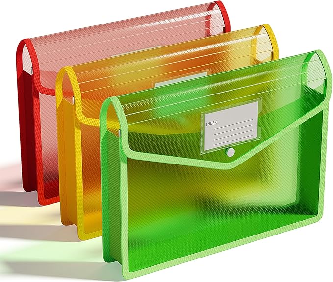 ThinkTex Plastic Expanding File Folders, Transparent Envelopes with Snap | No Dividers, Large Capacity, Document Organizer for Bills & Taxes, Letter/A4 Size for School, Office, Home - 3 Pack by ThinkTex