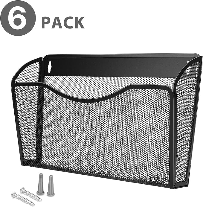 Flexzion Wall Folder File Letter Pocket Holder (6 Pack) Metal Mesh Desk Hanging Basket Box Bin Mail A4 Size Paper Document Organizer, Storage Rack Single Slot Wall Mount for Office School Home - Black - Image 2