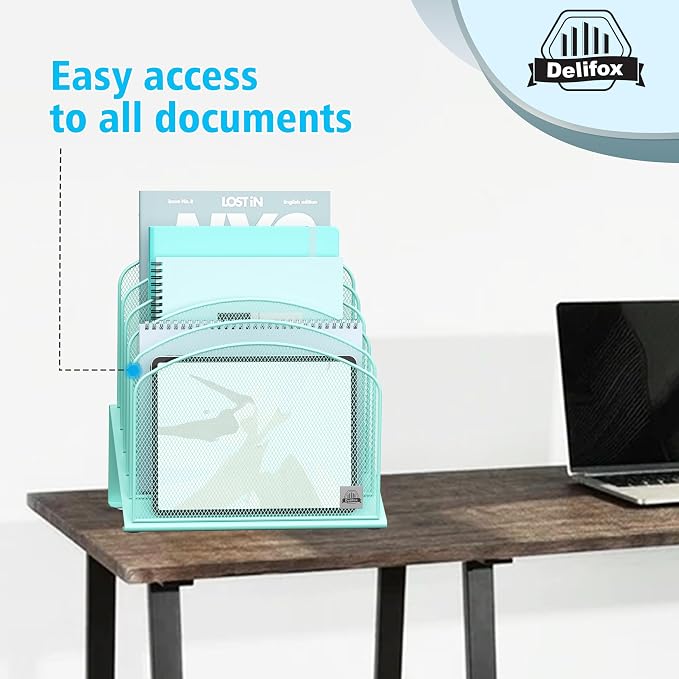 Delifox Inclined Desk File Organizer,Vertical File Folder Holder Stand Metal Rack File Sorter for Office Classroom Desktop Organization (2, Aqua, 5) - Image 5