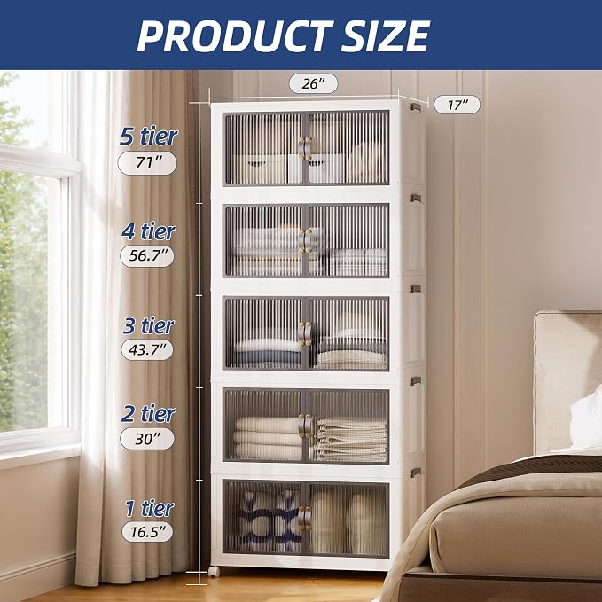 SAILUN 580Qt Stackable Storage Bins,Storage Cabinet Drawer with a Lid,White | Stackable Storage Drawers with Lids,26" W x 17" D x 71" H,Featuring open-front Access for Closet Storage - Image 6
