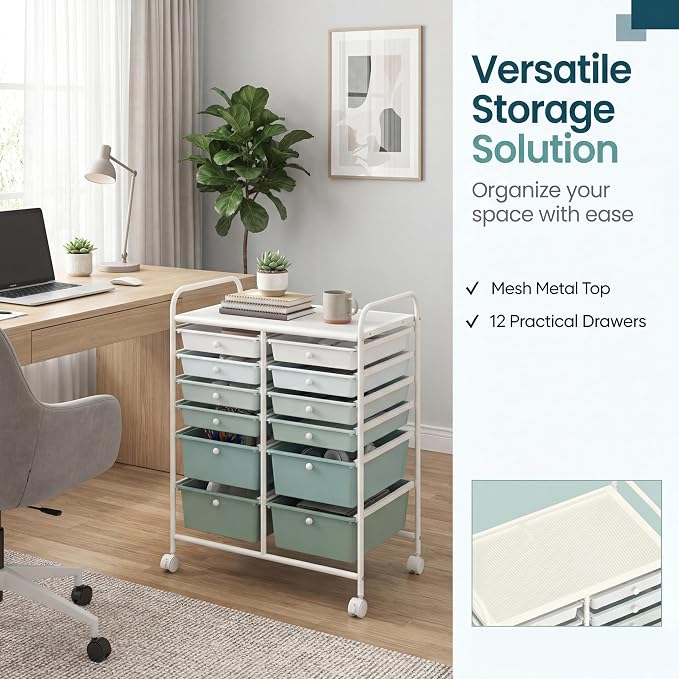 COSTWAY 12-Drawer Rolling Storage Cart, Moveable Art Craft Organizer | Lockable Wheels, Metal Shelf, Files Arrangement Tools Makeup Storage Cart for Office, Home, School (Green Gradient) - Image 4