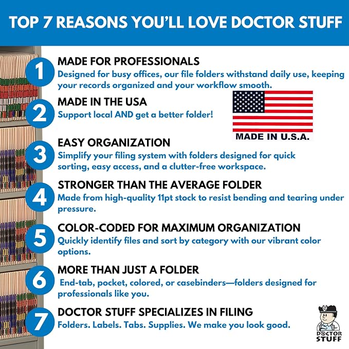 White File Folders, USA Made, Doctor Stuff, No Fasteners, Durable 11pt, Reinforced End Tab File Folders, Colored Office & Medical Charts and Patient Chart, Box of 100 - Image 8
