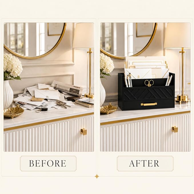BLU MONACO | Wooden Mail Organizer with Drawer and Gold Handle | Mail Sorter Organizer Countertop for Desk | Outgoing Mail Holder and Letter Sorter for Desk Storage - Image 6