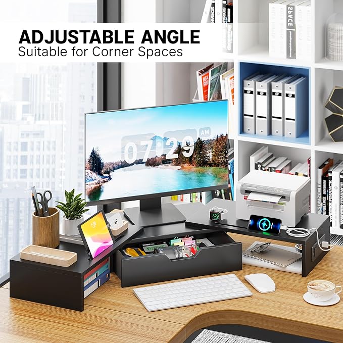 Dual Monitor Stand with USB Ports Wood Monitor Stand Riser with Drawer | Adjustable Desk Shelf,Desk Organizer for Computer,Laptop,Study&Office,No Assembly Required,Black - Image 7