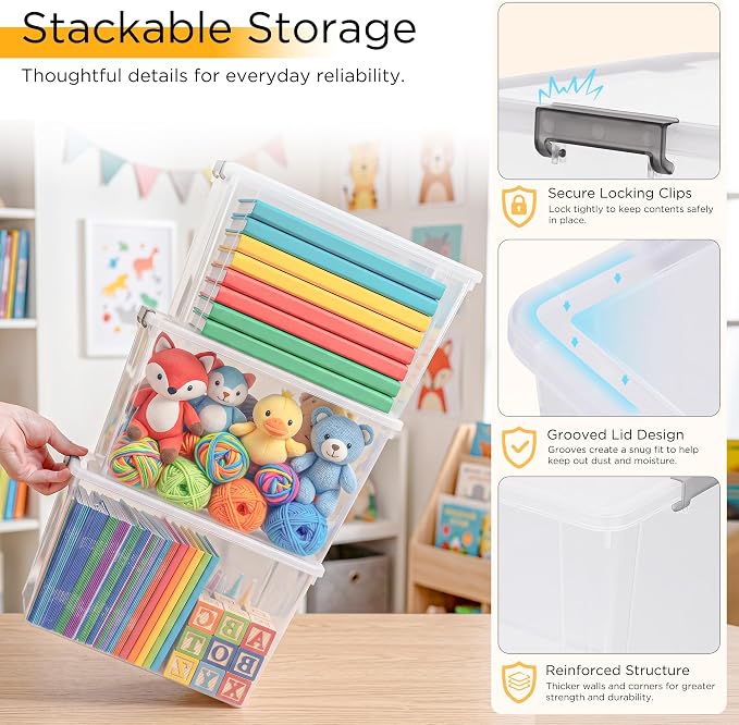Citylife 6Packs 7.8Qt Plastic Storage Bins with Lids, Clear Organizer | Stackable totes Containers for Craft Supplies, Documents,Garage,Toys,Office and Classroom - Image 3
