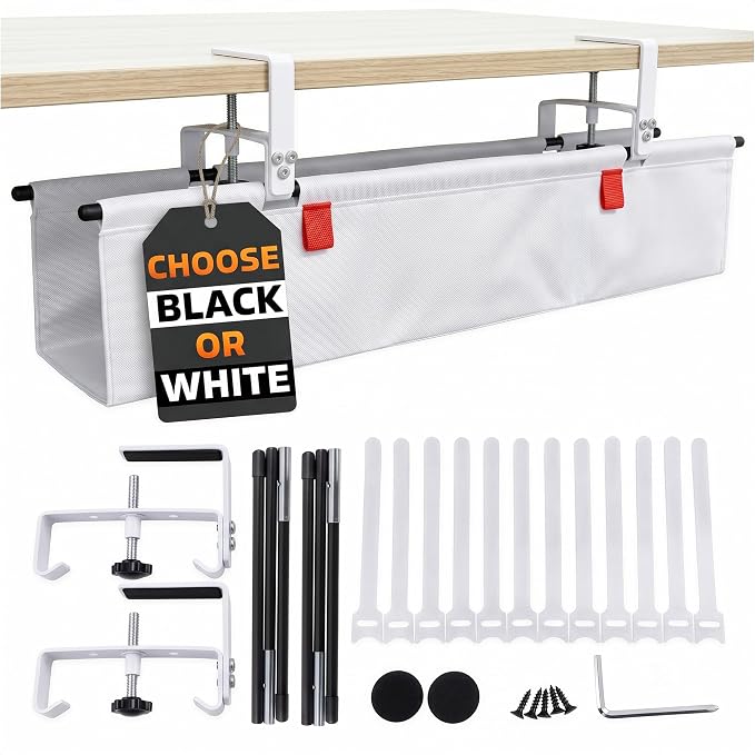 Under Desk Cable Management Tray 28" — No Drill Clamp-On Cord Organizer for Desk with Built-in Ties, Heavy Duty Metal Clamp, Foldable 600D Oxford Fabric for Home Office, WFH & Gaming PC Setup (White) by Unknown