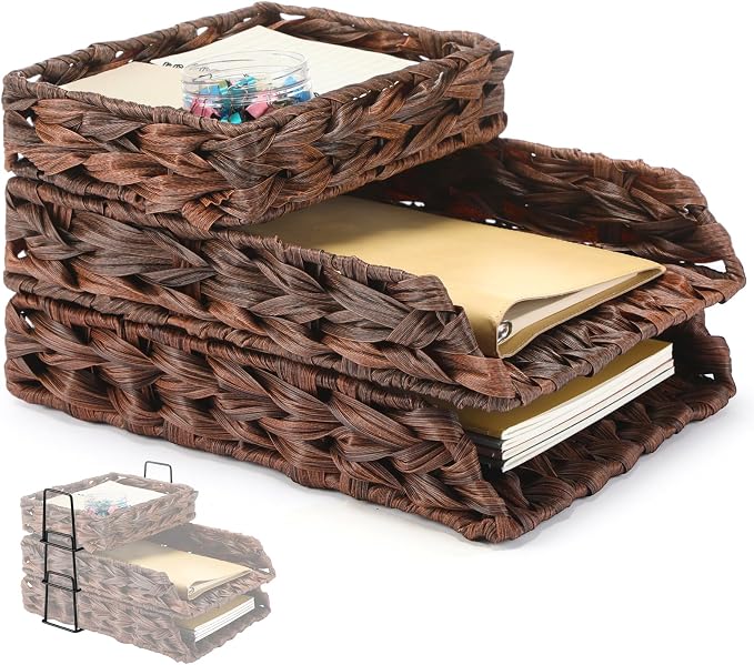 3 Pack Water Hyacinth Woven Stackable Desk Organizer Letter Tray, Brown Tabletop Desk Basket for Storage Paper Letter Folders Notebooks Copy Print, Workspace Holder by Geelin