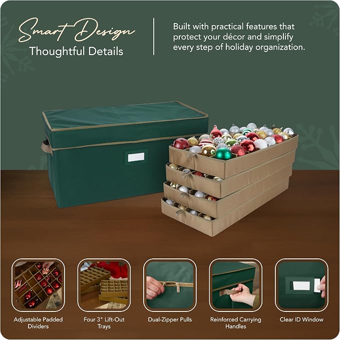 Covermates Keepsakes Adjustable Ornament Storage Box – Heavy-Duty Polyester, Padded Dividers & FlexGrid Trays – Protective Holiday Organizer with Stackable Walls & Label Window, Green - Image 4