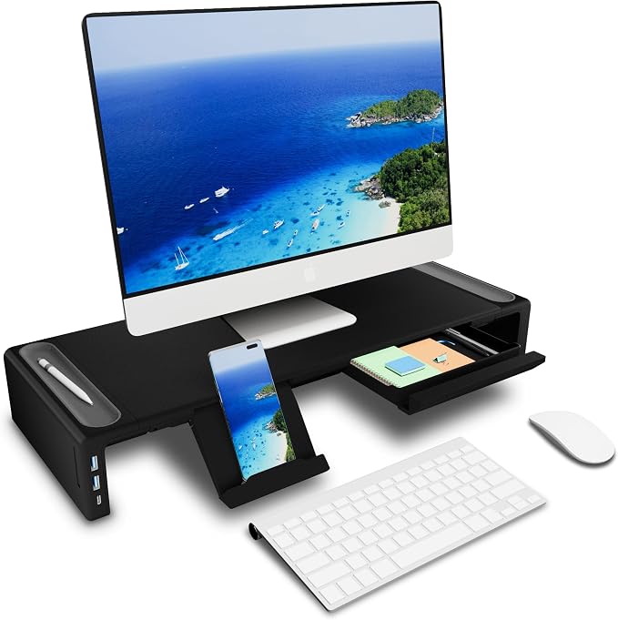 Adjustable Monitor Stand Riser with Drawer - Foldable Computer Stand for Desk, Desktop Organizer with Phone Holder & Pen Slot, Space Saving Laptop Riser for Home Office, Black - Image 2