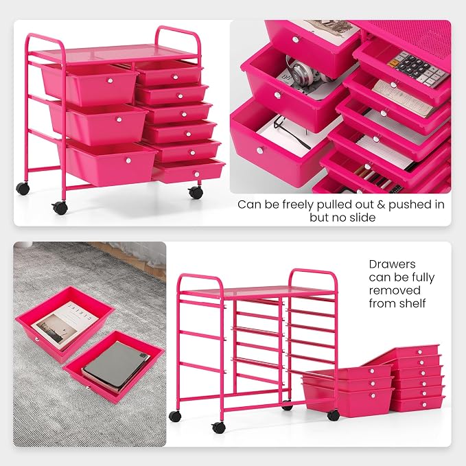 Giantex 9 Drawers Rolling Cart, Classroom Organizers, Storage Cart with Wheels, for Teacher Office Home School Supplies Tool Craft Art Paper, Hot Pink - Image 5