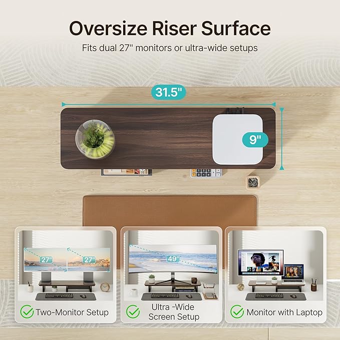 31.5" Dual Monitor Riser, Metal Shelf Wooden Desk Organizer | Walnut Wooden Desk Shelf for 2 Monitors/TV,Monitor Stand Riser for Desk, Wood Monitor Stand Organizer for Home Office - Image 5