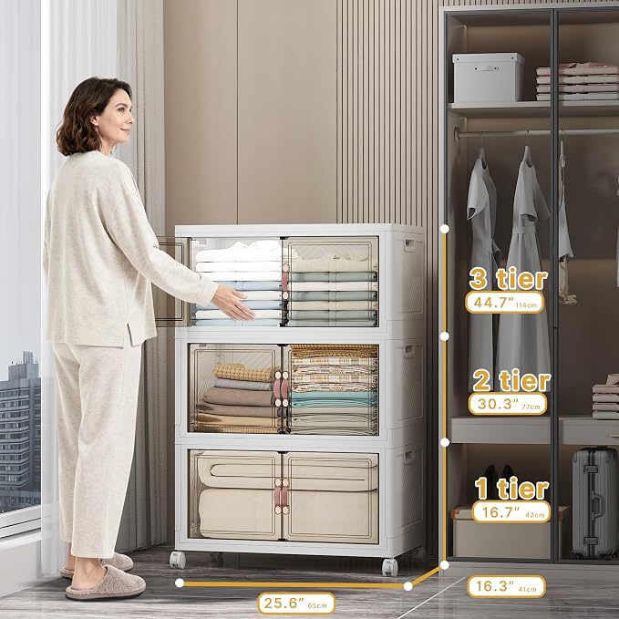 Stackable Storage Bins, 336QT Collapsible Drawers with 1 Lid | Large Capacity, Magnetic Door, Stack Lock, Rolling Wheels, Foldable Design, Organizers and Storage for Bedroom Dorm Garage - Image 3