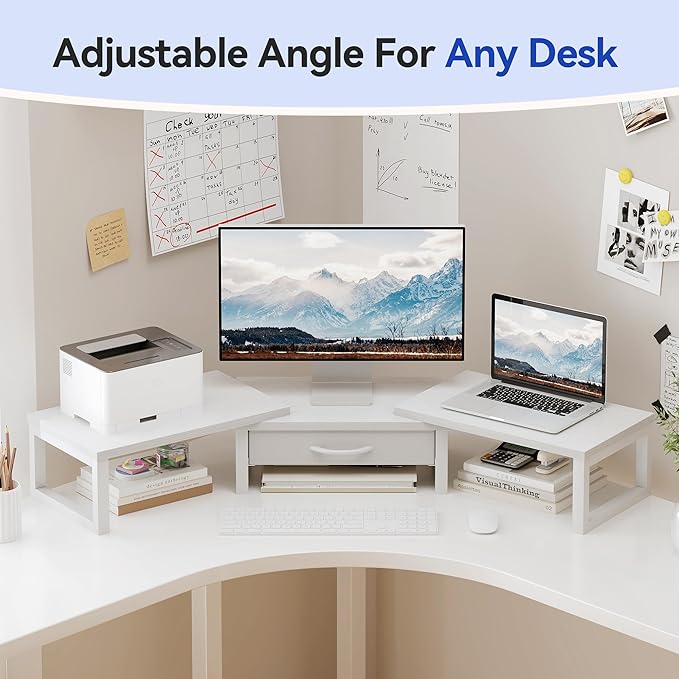 Dual Monitor Stand Riser, Desk Organizers and Accessories with Drawer, Computer Monitor Stands for Desk, Adjustable Desktop Shelf for PC Laptop Printer TV, White - Image 5