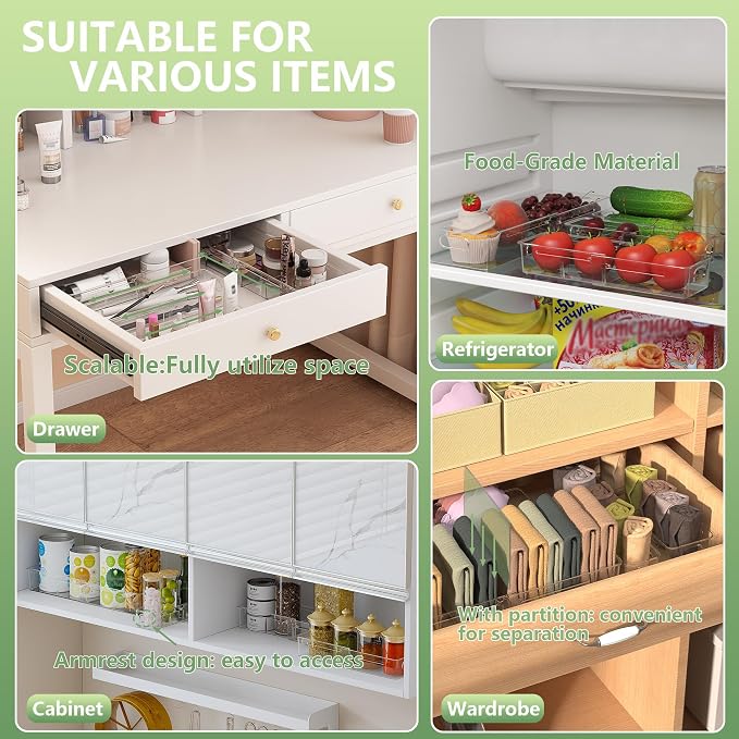 BLULEE 4-in-1 Expandable Drawer Organizer Set, Adjustable Clear Bins | with Dividers for Kitchen, Bathroom, Vanity & Office, Scalable Trays for Cosmetics, Utensils & Desk Accessories (4 Pcs) - Image 4