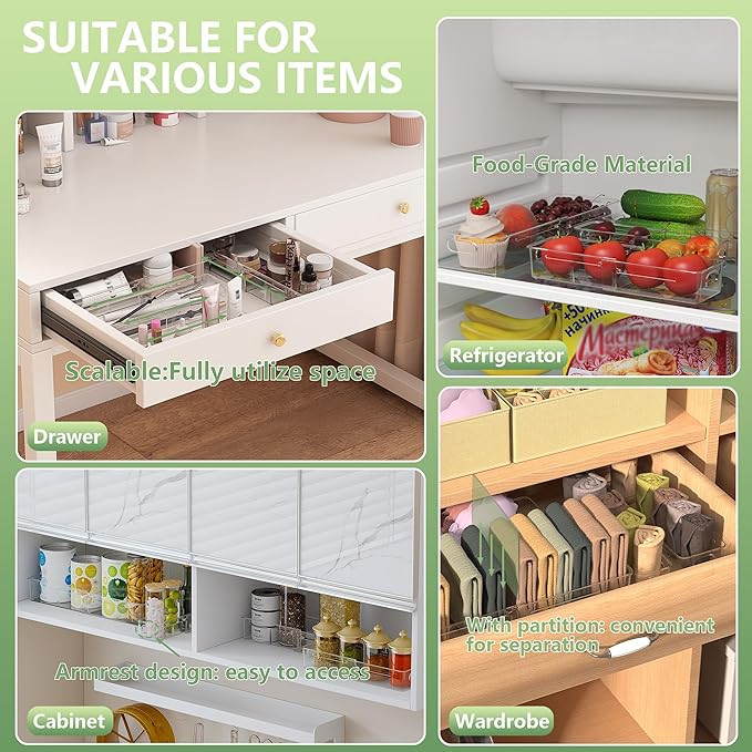 BLULEE 4-in-1 Expandable Drawer Organizer Set, Adjustable Clear Bins | with Dividers for Kitchen, Bathroom, Vanity & Office, Scalable Trays for Cosmetics, Utensils & Desk Accessories (8 Pcs) - Image 4