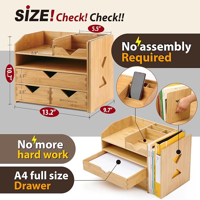 Pandorama Bamboo Desk Organizer Large - A4 Drawers & Adjustable File Holder, Fully Assembled Wood Desktop Storage for Kitchen, Bedroom, Bathroom, Study Room - Image 2